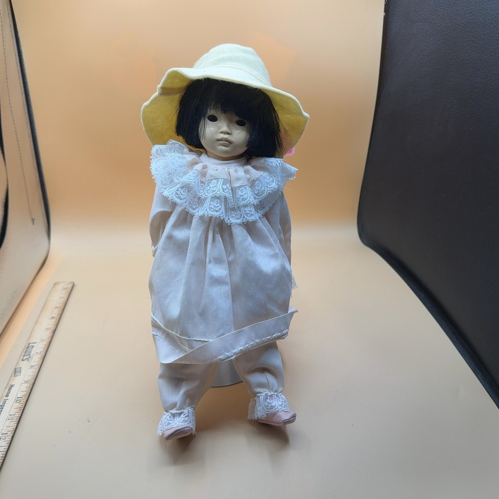 Dolls By Pauline Ling Ling Collectible Porcelain Doll Pink Dress Yellow Hat 12in